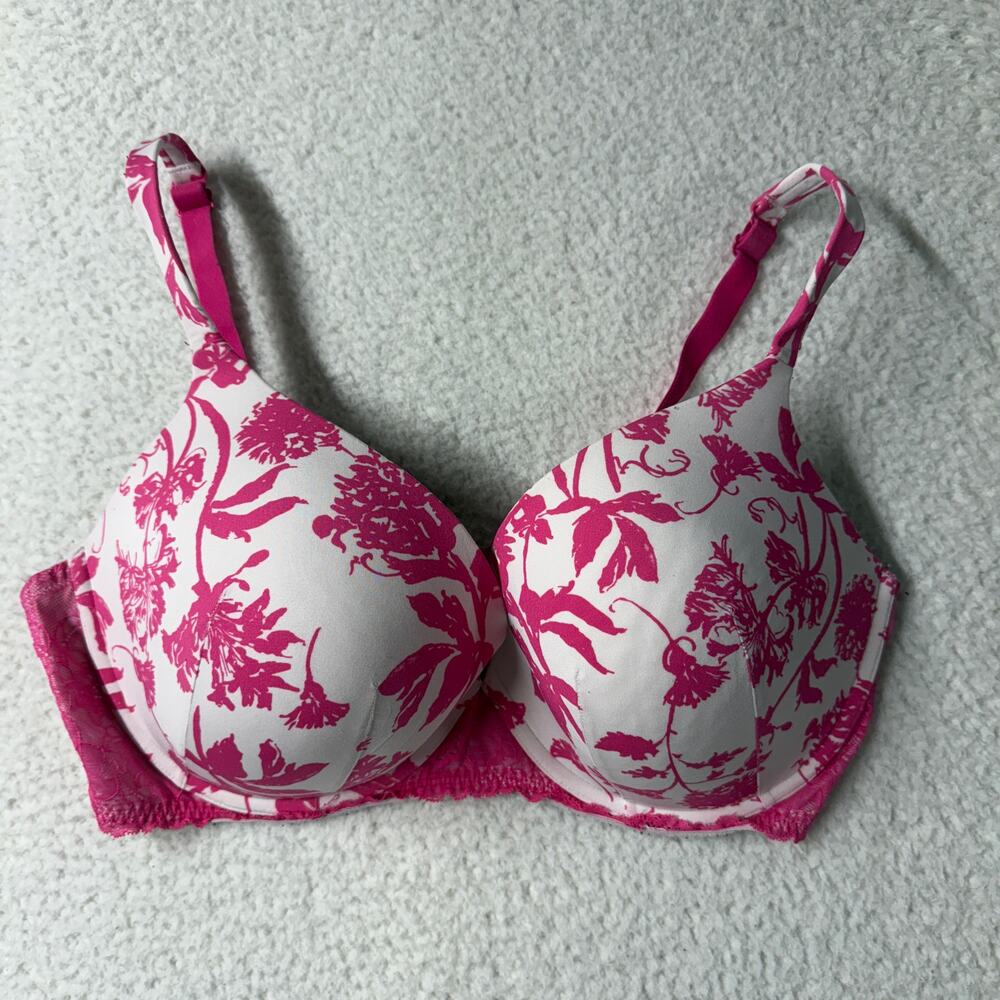 Cacique Lane Bryant 40F (3D) Boost Plunge Underwire Bra White Pink Floral Lace
